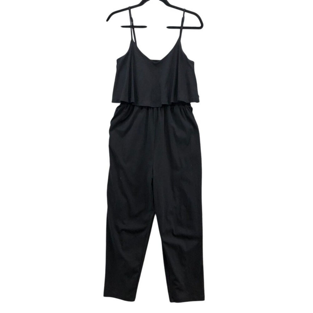 Le Ven Jumpsuit Womens Small Black Ruffle Tiered Spaghetti Strap Elastic Waist